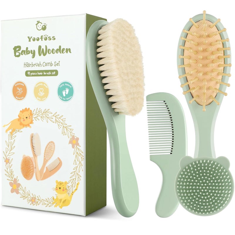 YOOFOSS 4 Piece Baby Hair Brush and Comb Set，Wooden Baby Hair Brush with Natural Ultra Soft Goat Hair, Baby Comb Set for Boy, Girl - Green - Image 1